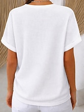 abordables T-shirt uni-Femmes Tee-shirt Gaufre T-shirt Boutons Devant Manchette roulée Élégant Occasionnel Manche Courte Col en V Hauts Réguliers Quotidien Sortir Vêtements de vacances Blanche Kaki Été Printemps