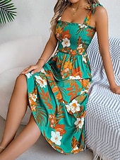 cheap Casual Floral Dresses-Women's Midi Dress Beach Dress A Line Dress Floral Dress Slip Dress Elegant Fashion Modern Outdoor Beach Vacation Regular Fit Floral Sleeveless Square Neck Blue Yellow Green Summer Spring