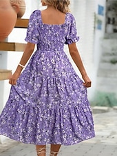 cheap Casual Floral Dresses-Women's Midi Dress Casual Dress Floral Dress Elegant Fashion Modern Outdoor Vacation Going out Regular Fit Floral Short Sleeve Square Neck Blue Black White Pink Summer Spring