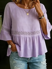 economico Bluse Semplici-Per donna Blusa Volant Traforato Tinta unica Lussuoso Casual Manica 3/4 Girocollo Top Regolari Quotidiano Bianco Giallo Verde chiaro Rosa Viola chiaro Estate Primavera Autunno