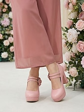 billiga Brudens/Brudgummens mor-Rosa platåskor med Mary Jane-klack för kvinnor, grova klänningar med blockklack och blommiga detaljer för brudens mor, trädgårdsbröllop &amp;formella evenemang