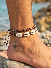 levne Dovolená příslušenství-Pánská sada bohémských náramků na kotník z mušlí cowrie a dřevěných korálků, 2 ks ručně vyráběných kmenových nastavitelných šperků na nohy pro letní dovolenou u pláže a každodenní nošení.