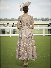 billige Ankellengde-A-linje Kjoler Ankellengde Cocktail Kjole Gjestekjole til bryllup Kjole til brudens mor Halvlange ermer V-hals Elegant Fritid Formell Bryllupsgjest Kentucky Derby Chiffon Tyll med Blomstertrykk