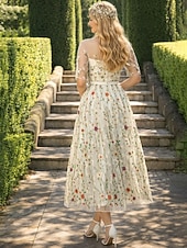 voordelige Cocktailjurken-A-Lijn Bloemenjurk Valentijnsdag Bruiloft Gast Theelength Halve Mouw Illusie Hals Kant met Borduurapplicaties