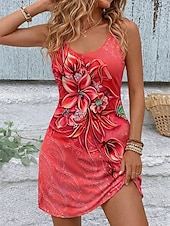 billiga Blommiga klänningar-Dam Mini klänning Solklänning A linjeklänning Sommarklänning Semester Ledigt Boho Strand Fest Bröllop Smal Blommig Grafisk Ärmlös U-hals Blå Gul Rodnande Rosa Rubinrött Sommar Vår