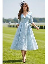 Недорогие Длина чая-А-силуэт Ниже колена Платье для вечеринки Коктейльные платья Свадебное платье для гостей Платье для матери невесты Рукав 3/4 Рубашечный воротник Элегантный стиль Винтаж