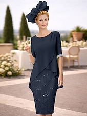 economico Lunghezza del tè-Tubino Colonna Lunghezza al ginocchio Vestito da Festa Abito da Cocktail Abito da invitata a nozze Abito da cerimonia per signora Mezza Manica Collo gioiello Elegante Ospite di nozze Con Paillettes