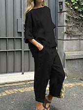preiswerte Blusenanzüge für Damen-Damen Hosen-Sets Kunstbaumwollleinen Dreiviertelarm Rundhalsausschnitt Einfarbig Elegant Mode Streetwear Lässig Täglich Outdoor Schwarz Weiß Gelb Sommer Normale Passform
