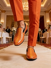 economico Mocassini-Mocassini eleganti da uomo in pelle stampata coccodrillo arancione, tomaia in pelle dai colori vivaci, stile di lusso alla moda, ideali per trendsetter, eventi serali e matrimoni