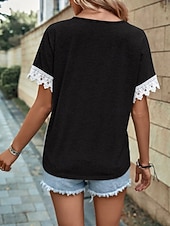 preiswerte Plain tee-Women's Shirt Blouse Lace Tops Patchwork Solid Color Stylish Classic Modern Short Sleeve V Neck Regular Tops Daily Holiday Going out Blue Black Wine Orange Gray Summer Spring