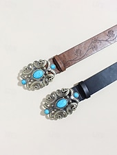 olcso Női öv-női bohém műbőr türkiz öv, fekete és barna western vintage deréköv gravírozott pánttal és díszes csattal hétköznapi viseletre, utazáshoz, nyaraláshoz és üdülőhelyi stílushoz