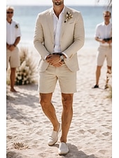 billige Bryllupsdresser-Menn Smokings Lindresser Strandbryllup Himmelblå Kakifarget Sommer Dress Hakkjakkeslag Mote Daglig Ensfarget Standard passform 2-delt sett Enkelt Brystet To-knapp