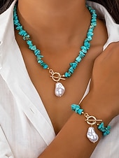 abordables Collier pour femme-Ensemble collier et bracelet pour femme, perles d'imitation et perles turquoise, multicolore, style bohème, parfait pour les vacances, les voyages, le quotidien et les tenues décontractées.