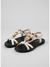 cheap Flat Sandals-Women's Navy Blue Boho Floral Beaded Flat Sandals  Vintage-Inspired Comfortable T-Strap Summer Shoes for Casual Outings, Beach Vacations, and Daily Wear