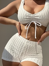 abordables Ensemble de bikinis-Femmes Maillots de Bain Bikini 2 pièces Shorts Maillot de bain Mince Dos nu Vacances Tenues de plage Couleur Unie Col en V Sans manches Maillots de bain