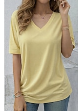 お買い得  プレーンTシャツ-女性用 オーバーサイズ Tシャツ 純色 エレガント スタイリッシュ カジュアル 半袖 Ｖネック ロングトップス 日常 お出かけ ブラック ホワイト イエロー グレー ライトブルー 夏 春