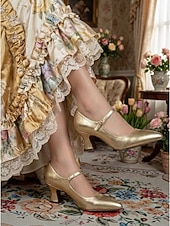 זול ויקטוריאני ואדוארדיאני-נעלי מרי ג'יין בצבע ויקטוריאני רטרו זהב לנשים - עקבים אלגנטיים עם חריצים מחודדים וגימור מטאלי &amp;רצועת קרסול למסיבות וינטג', חתונות &amp;תלבושות רוקוקו