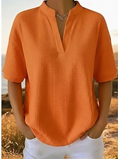 abordables T-shirt uni-Femmes Chemise gaufrée T-shirt Tops en tricot gaufre Uni Élégant Classique Moderne Manche Courte Col en V Hauts Réguliers Quotidien Fête Sortir Blanche Orange Vert Bleu clair Noir Été Printemps