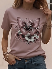 voordelige Dieren thee-Dames T-shirt Afdrukken Bloemig Stijlvol Klassiek Casual Korte mouw Strakke ronde hals Ronde hals Normale tops Dagelijks Kastanjebruin Geel Blozend Roze Paars Zomer Lente