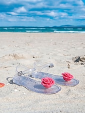 abordables Femmes-Sandales en plastique jaune pour femmes - sandales de plage romantiques et imperméables avec décoration de roses en 3D &amp;Bride de cheville ajustable pour les vacances d'été, les escapades sur les îles
