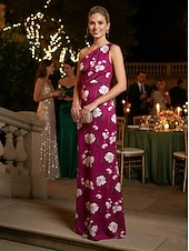 cheap Sheath Evening Dresses-Sheath Column Floor Length Print Dress Evening Gown Prom Dresses Evening Gown Ball Gown Formal Dress Elegant Vintage Sleeveless One Shoulder Garden Party Wedding Satin with Floral Print
