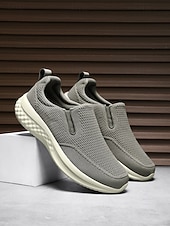 voordelige Heren-Grijze gebreide instapsneakers voor heren – lichtgewicht casual schoenen voor eiland- en cruisevakanties, ademende schoenen voor op reis en in resorts.