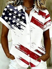  Ημέρα Αμερικανικής Ανεξαρτησίας Γυναικεία Πουκάμισο Βαμβακερά λινά πουκάμισα Μπλούζα Κουμπιά Φλοράλ Γραφική Σημαία Βίντατζ Στυλάτο Καθημερινό Αμάνικο Κοντομάνικο Κολάρο Πουκαμίσου Μακριές μπλούζες