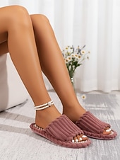 Недорогие Женские тапочки и шлепанцы-Женские темно-красные летние плюшевые домашние тапочки с открытым носком – мягкие, дышащие, с плетеной амортизирующей стелькой для дома, спальни и повседневного комфорта.