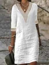 economico Abiti casual bianchi-Per donna Abito al ginocchio Abito Bianco Elegante Moda Moderno All'aperto Vacanza Uscire Vestibilità regolare Semplice Senza Maniche Scollo a V Blu Nero Bianco Giallo Estate Primavera