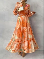 tanie Eleganckie sukienki kwiatowe-Damskie Długa sukienka sukienka maxi Sukienki szyfonowe Sukienka A line Elegancja Formalny Codzienny Impreza Gość weselny Regularny Kwiaty Długi rękaw W serek Fioletowy Fuksja Pomarańczowy Lato