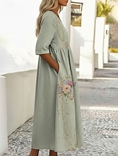  女性用 ミディドレス カジュアルドレス プリントドレス ヴィンテージ アウトドア バケーション お出かけ ルーズフィット フラワー グラフィック ハーフスリーブ クルーネック ブルー ライトパープル パープル グリーン 夏 春