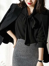 Недорогие Блузки и рубашки-Жен. Рубашка Блуза Топы из шифона галстук спереди Сплошной цвет Полотняное плетение Активный Стиль Классический Длинный рукав Вырез под горло галстук-шея Обычные топы Повседневные Уличная одежда Офис