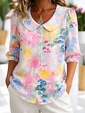 abordables Blouses Florales-Femmes Chemise ancien Élégant Manche 3/4 Col Rond Claudine Hauts Réguliers Quotidien Travail Fête Bleu Rose Claire Violet Vert Été Printemps