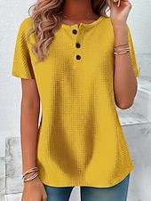 abordables Camiseta lisa-Mujer Camiseta Tops de verano Tops de punto gofre Botón frontal Graphic Plano Elegante Clásico Manga Corta Cuello Barco Tops regulares Diario Noche Ropa de playa Negro Blanco Amarillo Rojo Naranja
