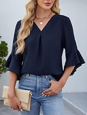 economico Bluse Eleganti-Per donna Camicia Blusa Top in chiffon Volant Semplice Elegante Classico Moderno Manica 3/4 Scollo a V Top Regolari Quotidiano Ferie Uscire Nero Bianco Verde Azzurro Estate Primavera