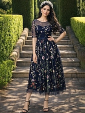 voordelige Cocktailjurken-A-Lijn Bloemenjurk Valentijnsdag Bruiloft Gast Theelength Halve Mouw Illusie Hals Kant met Borduurapplicaties