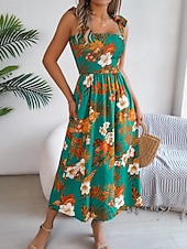 cheap Casual Floral Dresses-Women's Midi Dress Beach Dress A Line Dress Floral Dress Slip Dress Elegant Fashion Modern Outdoor Beach Vacation Regular Fit Floral Sleeveless Square Neck Blue Yellow Green Summer Spring