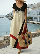 economico Abiti a Strisce e Geometrici-Per donna Abito maxi Vestito Casual Vintage Quotidiano All'aperto Spiaggia Vestibilità comoda Geometrico Manica Corta Girocollo Giallo Rosa Arancione Cachi Estate Primavera