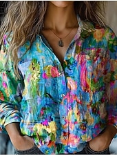 abordables Blusas Florales-Mujer Camisa camisa boho Botones Estampado Floral Graphic Vintage Elegante Étnico Manga Larga Cuello Camisero Tops largos Diario Festivos Noche Azul Piscina Púrpula Claro Verano Primavera Otoño