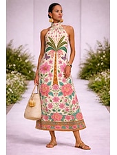 ieftine Rochii boho-Pentru femei Rochii Midi Rochie casual Rochii Boho Chic Boemia Vacanță Tropical Plajă Concediu Dată Fit regulat Grafic Tropical Fără manșon Gâtul halter Roz Îmbujorat Vară Primăvară