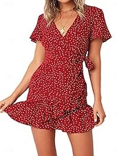 abordables Vestidos florales-Mujer Mini vestido Vestido informal Vestido Estampado Elegante Moda Moderno Exterior Vacaciones Noche Ajuste regular A Lunares Manga Corta Escote en Pico Negro Rojo Azul Oscuro Verano Primavera Otoño