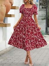 cheap Casual Floral Dresses-Women's Midi Dress Casual Dress Floral Dress Elegant Fashion Modern Outdoor Vacation Going out Regular Fit Floral Short Sleeve Square Neck Blue Black White Pink Summer Spring