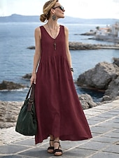 preiswerte Weißes Kleid-Damen Maxikleid A Linie Kleid Lässig Täglich Lässiger Schnitt Einfach Ärmellos V Ausschnitt Schwarz Gelb Wein Armeegrün Sommer Frühling Herbst