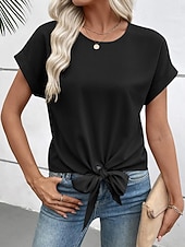abordables T-shirt uni-Femmes T-shirt Nœud Uni Mode Élégant Classique Manche Courte Col ras du cou Hauts Réguliers Quotidien Sortir Week-end Noir Blanche Vin Marron Beige Été Printemps