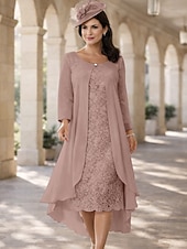 baratos Conjuntos de vestidos para mamãe-Duas Peças Linha A Longuette Vestido de convidada de casamento Vestido Para Mãe dos Noivos Manga Curta Decorado com Bijuteria Elegante Tamanhos Grandes Convidado do casamento Festa de Casamento