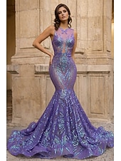 abordables Vestidos de Noche Sirena-Corte Trompeta Sirena Cola barrida Trajes de gala Vestidos de noche Corte Cenicienta Vestimenta formal Elegante Sin Mangas Escote de ilusión Carnaval Formal afroamericano Lentejuelas con Lentejuela