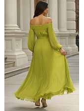 cheap A-Line Evening Dresses-A-Line Floor Length Evening Gown Wedding Guest Dresses Formal Dress Elegant Long Sleeve Off Shoulder Wedding Formal Chiffon with Pleats Ruched