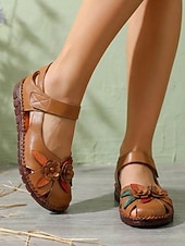 olcso Női lapos sarkú cipők-női bézs színű, valódi bőr Mary Jane szandál - vintage virágmintás, marhabőrből készült kényelmes cipő hétköznapi sétákhoz &amp;utazás