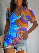  Damen T Shirt Druck Farbblock Sonnenblume Vintage Lässig Boho Kurzarm V Ausschnitt Normale Oberteile Täglich Blau Wein Königsblau Orange Grün Sommer Frühling