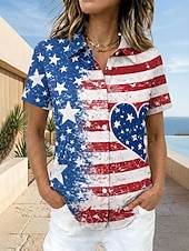  Amerikansk uavhengighetsdag kvinnens skjorte kortermet grafisk flagg vintage stilig uformell skjortekrage regular topper daglig blå hvit rød sommer vår